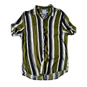 Denim & Flower Men Green Black Striped Button Shirt Size Medium
